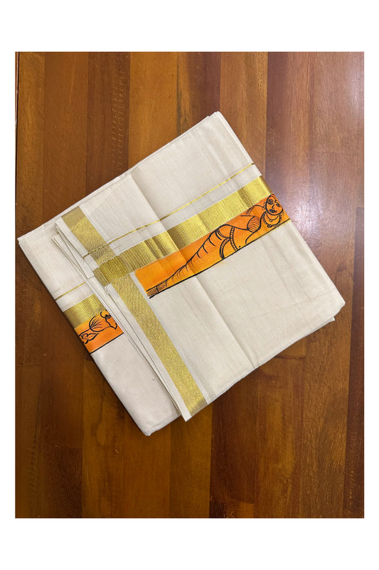 Kerala Pure Cotton Double Mundu with Hand Painted Designs on Kasavu Border(South Indian Kerala Dhoti)