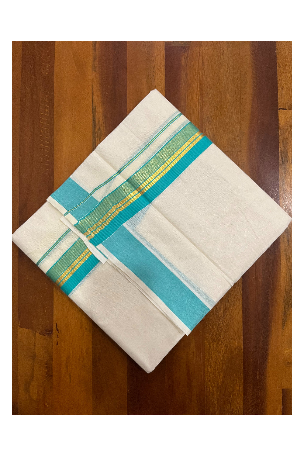 Pure Cotton Kerala Double Mundu with Turquoise and Kasavu Kara (South Indian Kerala Dhoti)