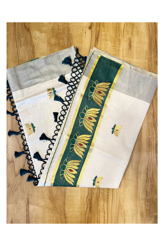 Southloom Kerala Tissue Kasavu Saree with Green And Golden Lotus Embroidary Works on Body