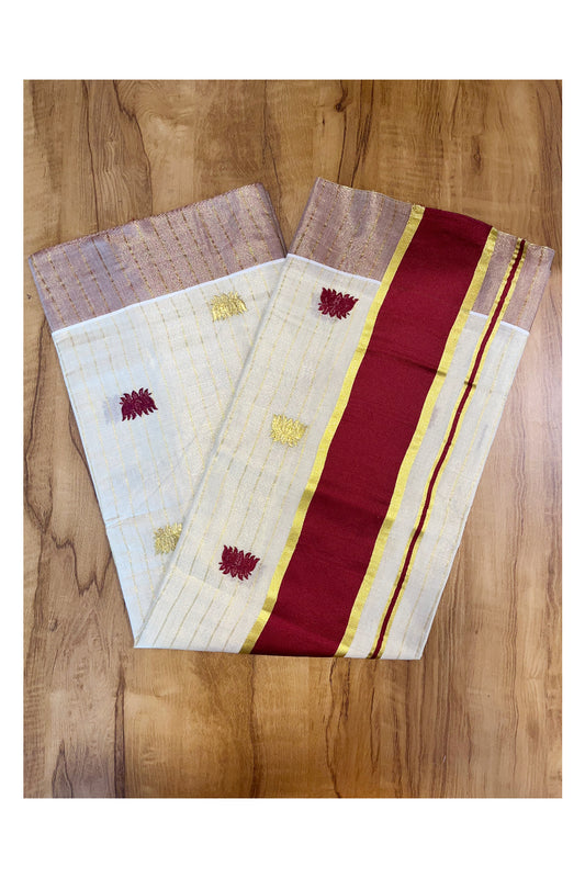 Kerala Tissue Kasavu Lines Saree with Maroon And Golden Lotus Embroidery Works