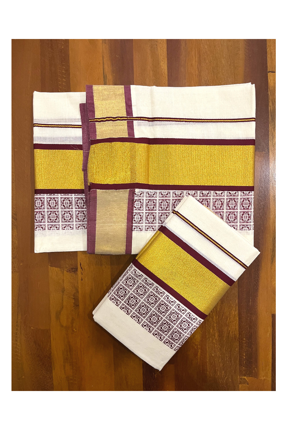 Pure Cotton Kerala Single Set Mundu (Mundum Neriyathum) with Maroon Block Printed Kasavu Border