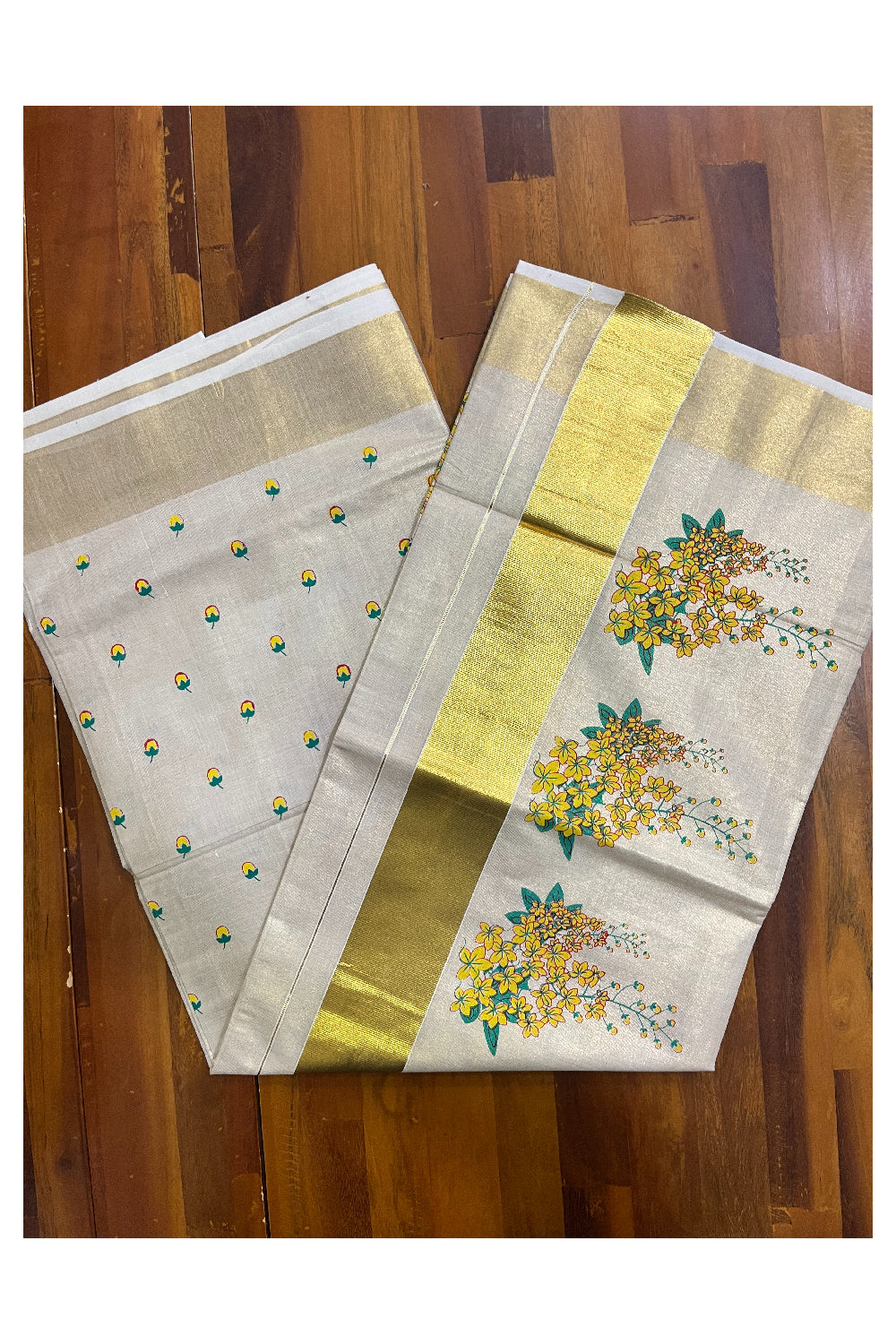 Kerala Tissue Kasavu Saree with Konna Poovu Block Printed Designs (Vishu 2024 Collection)