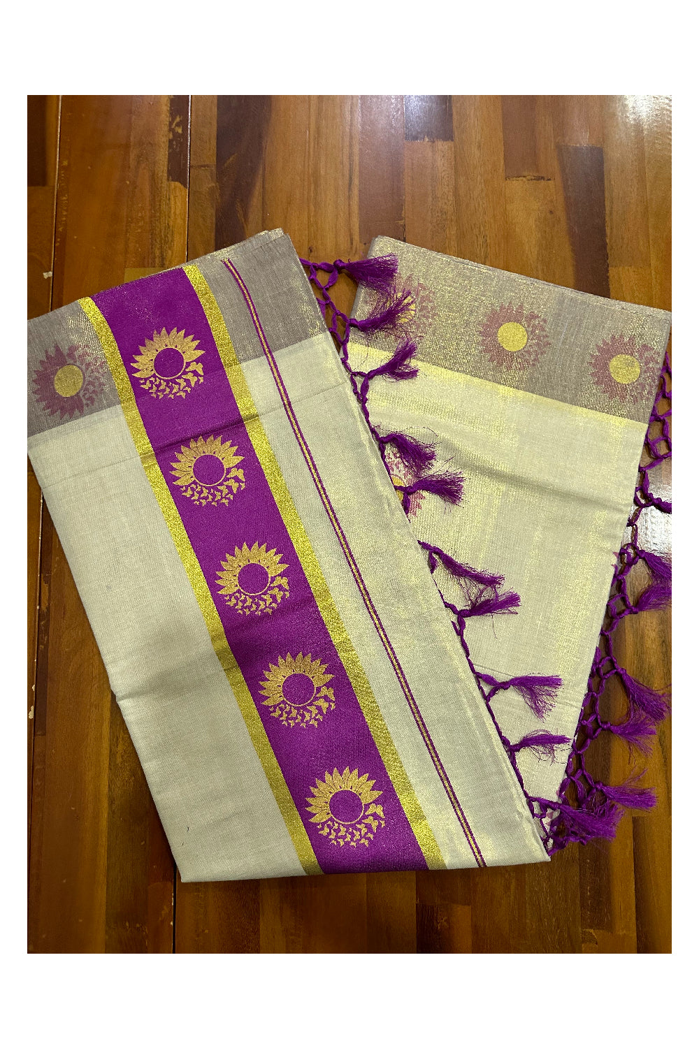 Kerala Tissue Kasavu Saree with Magenta and Golden Block Prints on Border (Onam Saree 2023)