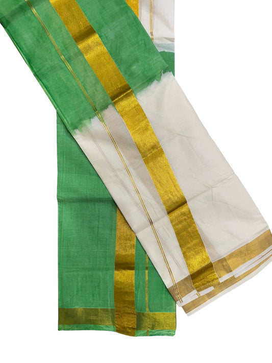 Southloom Tie & Dye - Half & Half  Multi Colour Light Green Design Set Mundu (Mundum Neriyathum) in 2.80 m Neriyathu (Extra Length)