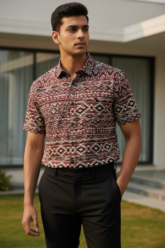 Pure Cotton Maroon Printed Shirt SLSHIRT 44 HS