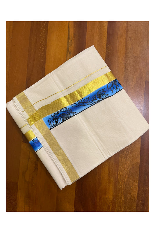 Kerala Pure Cotton Double Mundu with Hand Painted Designs on Kasavu Border(South Indian Kerala Dhoti)