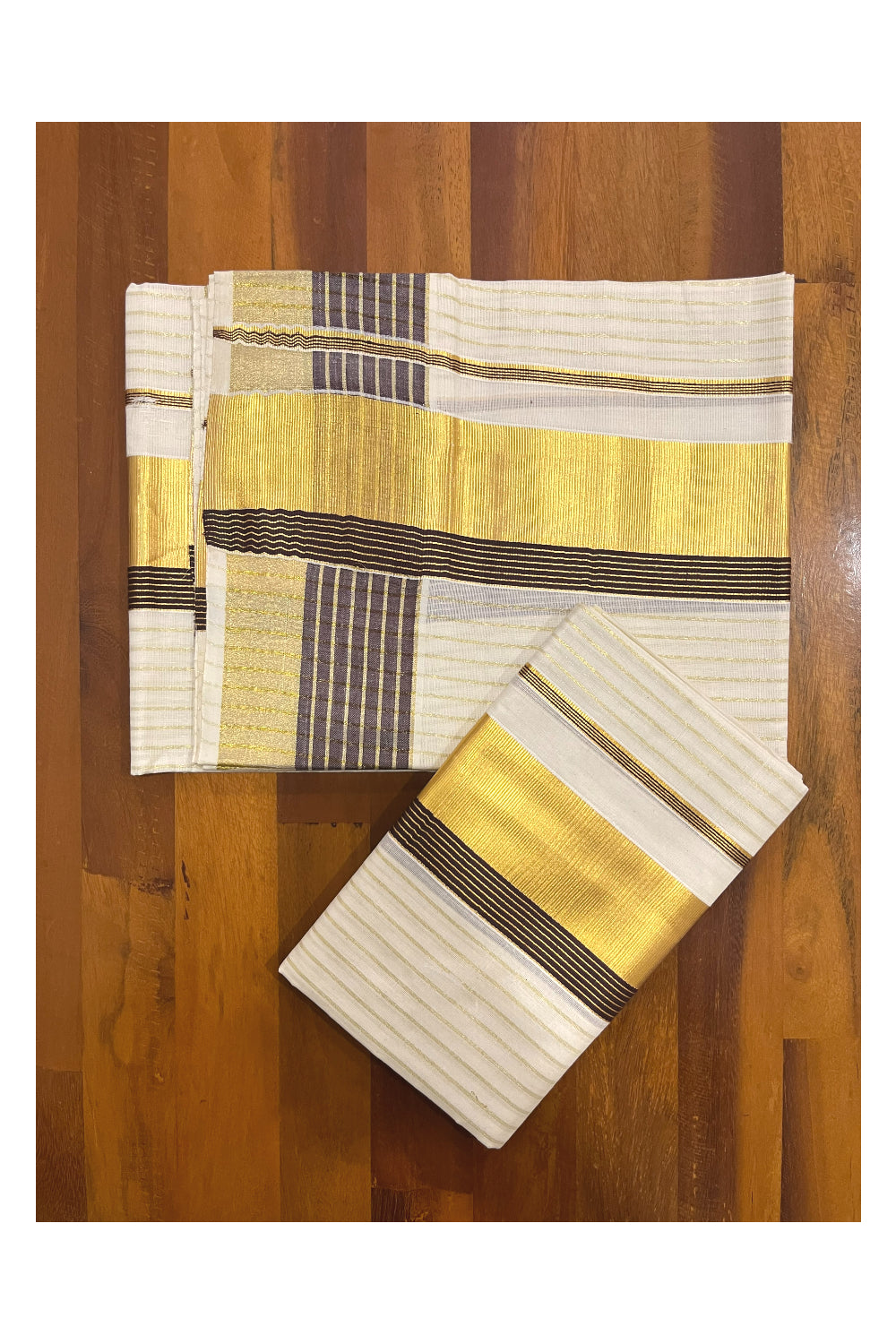 Kerala Cotton Set Mundu (Mundum Neriyathum) with Kasavu Lines on Body and Brown Border 2.80 Mtrs