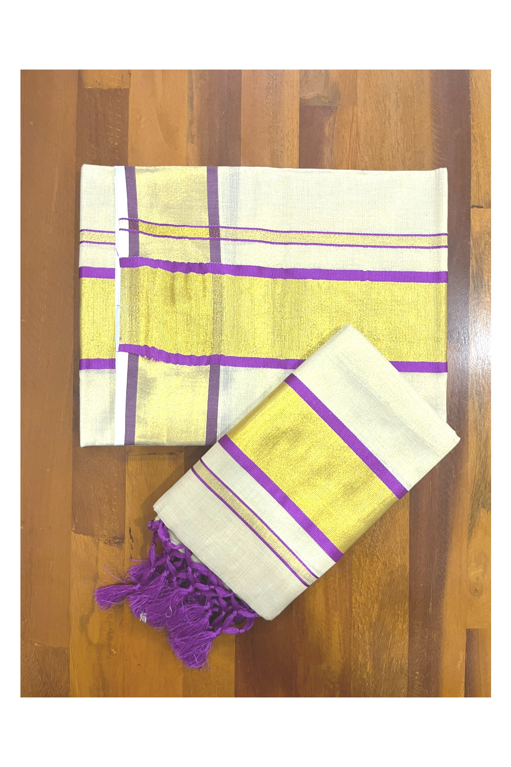 Kerala Tissue Kasavu Set Mundu with Kasavu and Purple Border (Mundum Neriyathum)