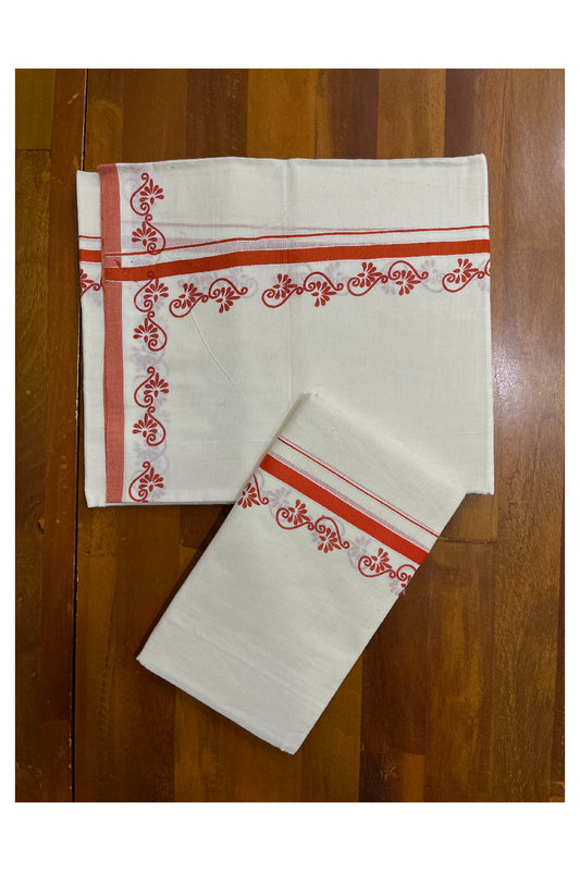 Kerala Pure Cotton Set Mundu Single (Mundum Neriyathum) with Dark Orange Block Prints