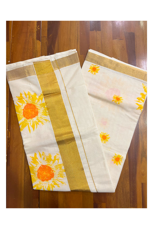 Pure Cotton Kerala Kasavu Saree with Yellow Floral Prints on Body (Vishu 2024 Collection)