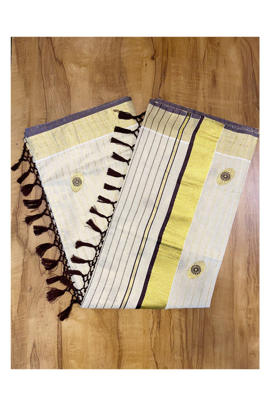 Southlooom Kerala Tissue Kasavu Lines Brown Colour Saree with Heavy Woven Designs