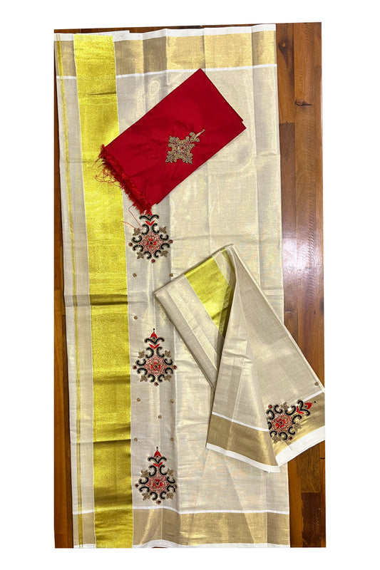 Kerala Tissue Kasavu Set Mundu (Mundum Neriyathum) with Bead Handwork Design and Red Blouse Piece - 2.80Mtrs (Vishu 2024 Collection)
