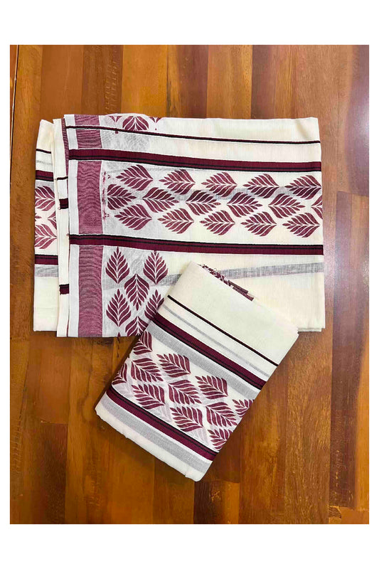 Kerala Cotton Single Set Mundu (Mundum Neriyathum) with Leaf Block Prints on Maroon and Black Border