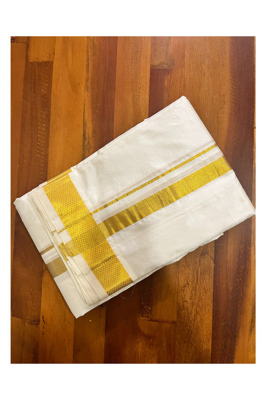 Southloom Handloom Pure Silk Off White Wedding 1 inch Kasavu Dhoti with Shawl / Vesthi with Thundu / Mundu with Melmundu for Groom (8+4)