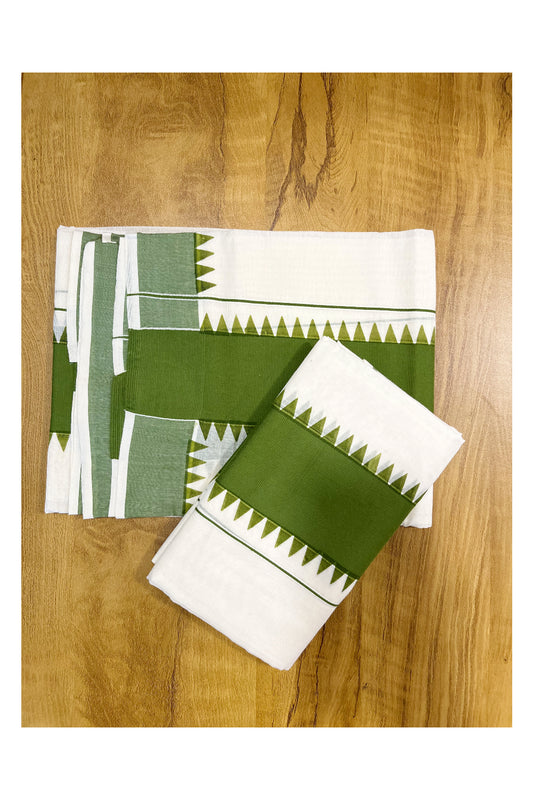 Kerala Pure Cotton Set Mundu Single (Mundum Neriyathum) with Green Temple Border 2.80 Mtrs