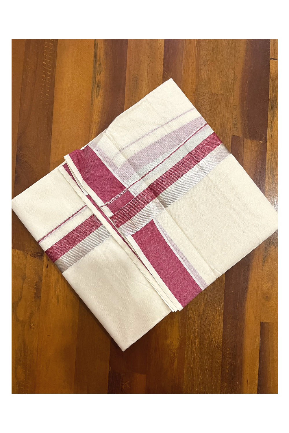 Kerala Cotton Double Mundu with Maroon and Silver Kasavu Border (South Indian Kerala Dhoti)