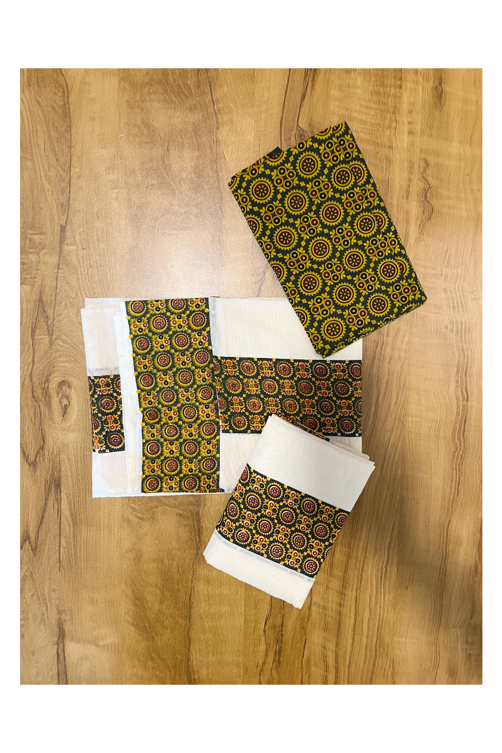 Southloom Green Yellow Ajrakh Design Printed Set Mundu with Blouse Piece