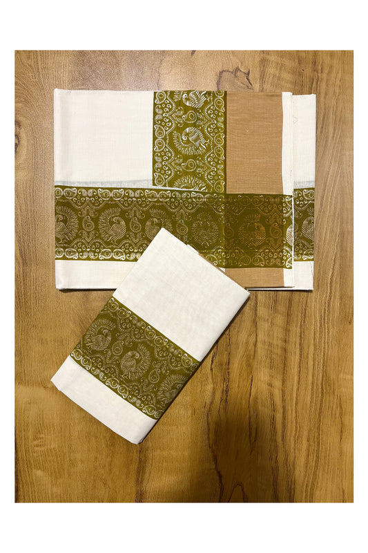 Kerala Cotton Single Set Mundu (Mundum Neriyathum) with Green Block print Border 2.80Mtrs