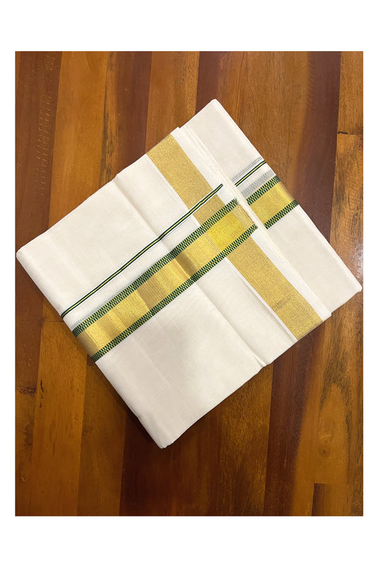 Southloom Premium Handloom Cotton Double Mundu with Golden and Green Kasavu Design Border (South Indian Kerala Dhoti)