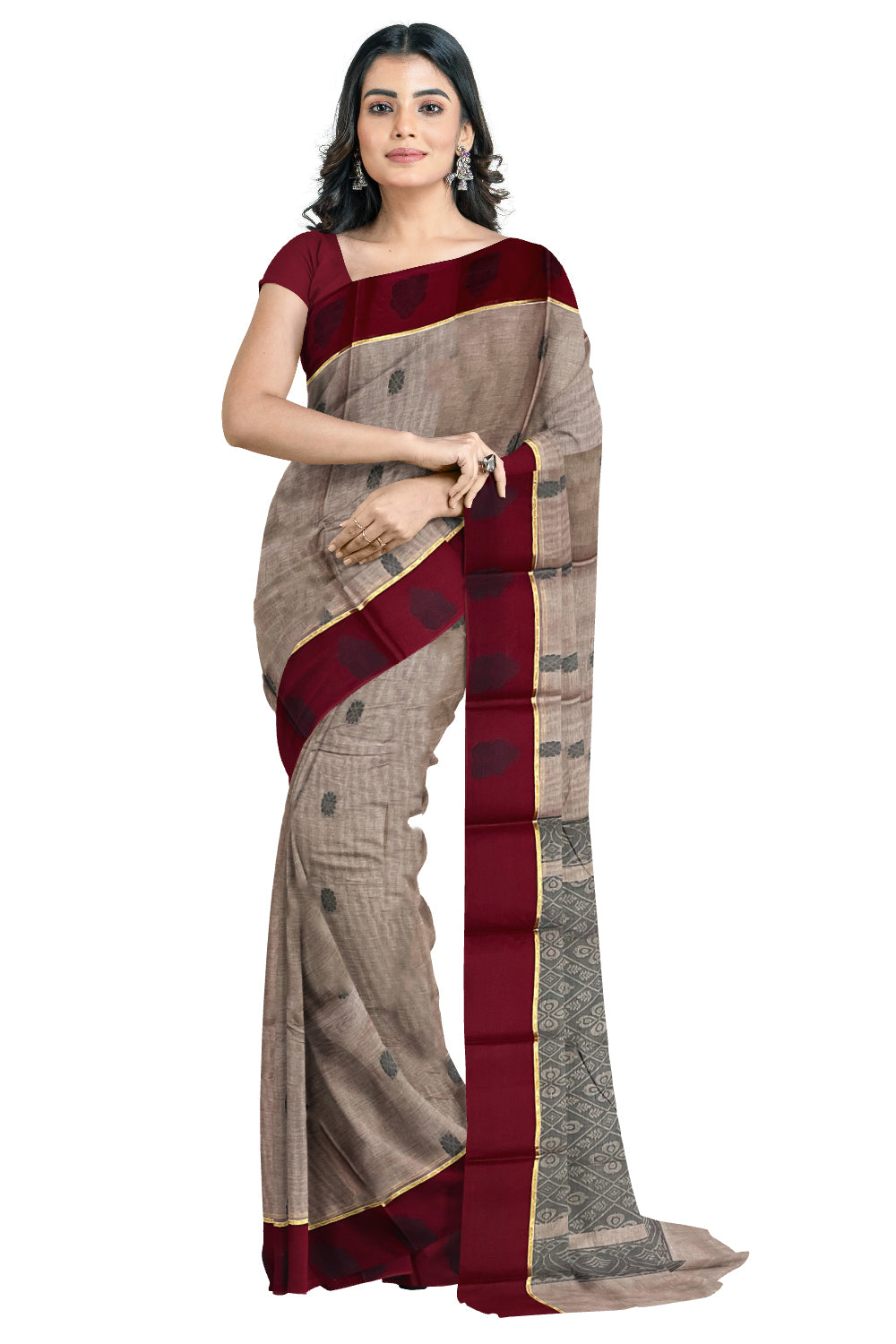 Southloom Cotton Grey Saree with Woven Butta Works on Body and Pallu