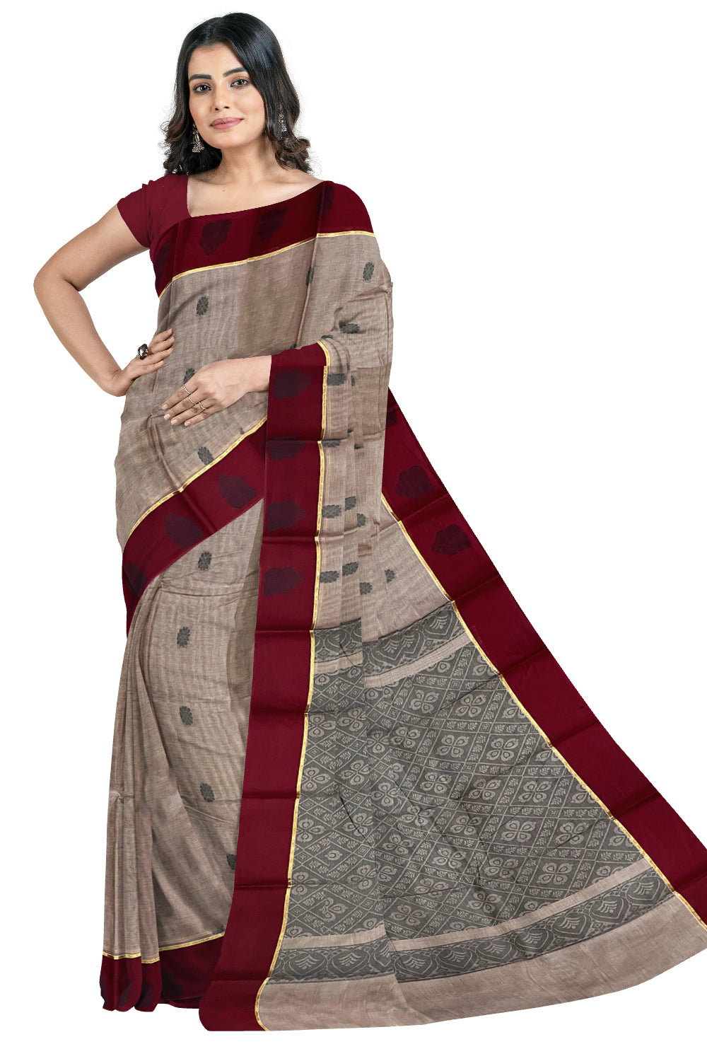 Southloom Cotton Grey Saree with Woven Butta Works on Body and Pallu