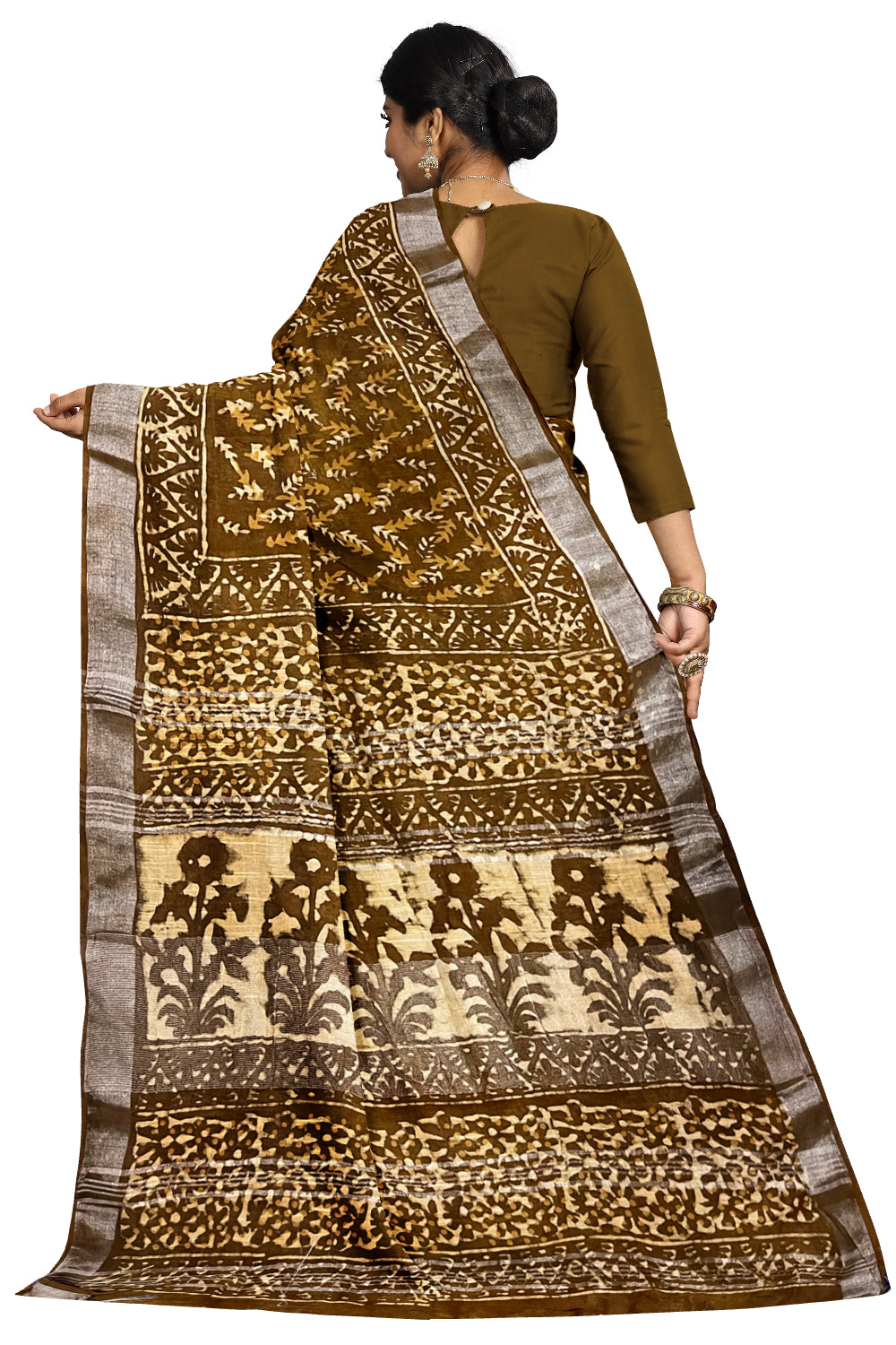 Southloom Linen Brown Designer Saree with Floral Prints