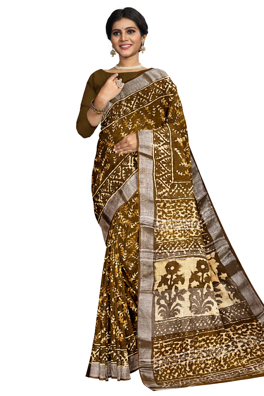 Southloom Linen Brown Designer Saree with Floral Prints