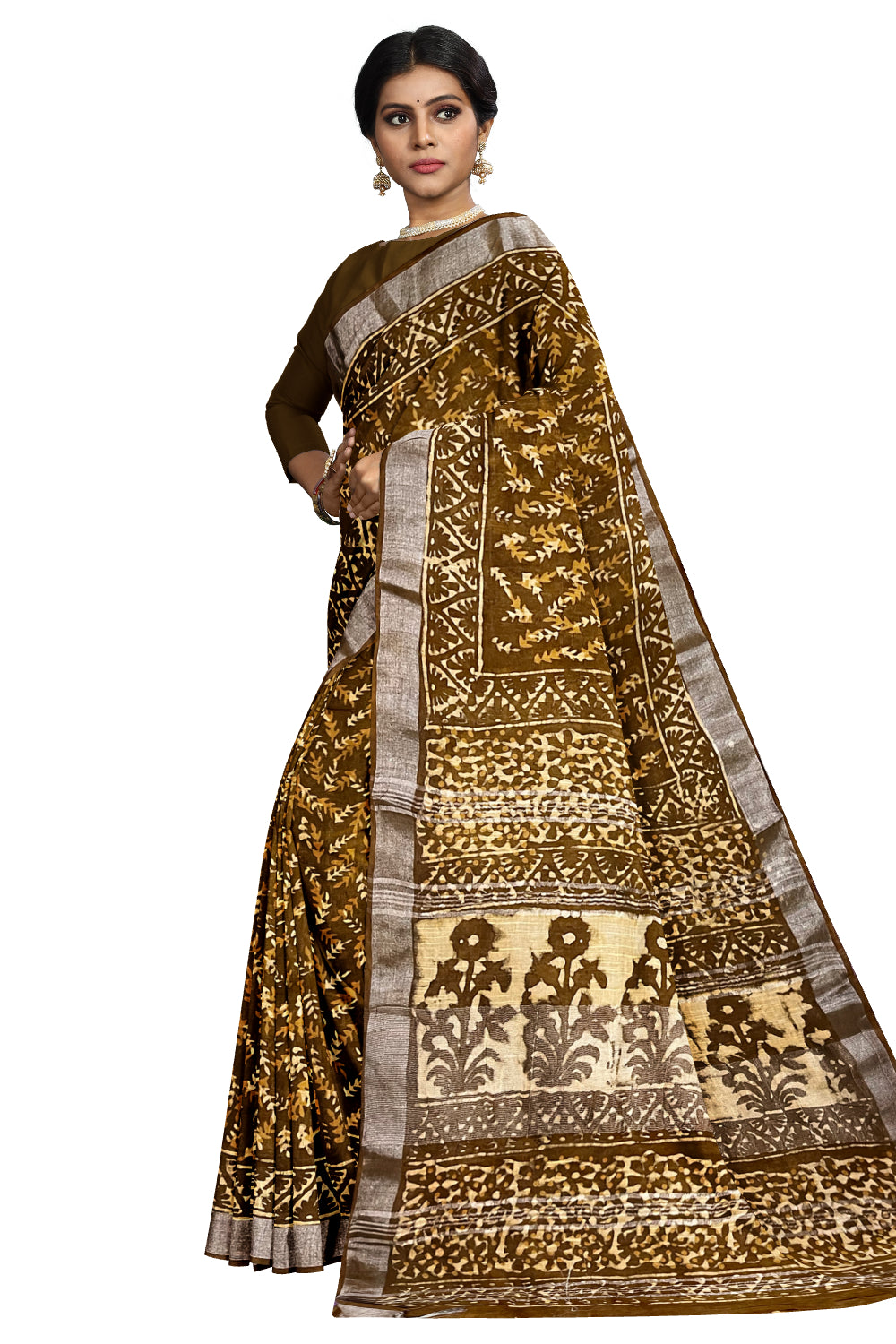 Southloom Linen Brown Designer Saree with Floral Prints