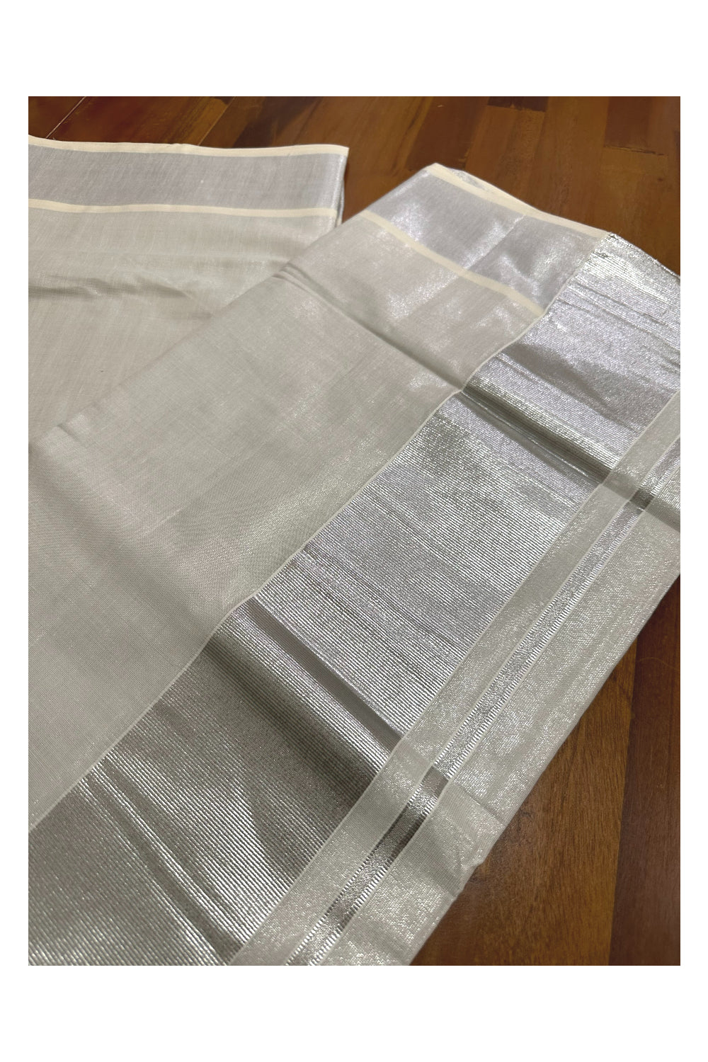 Kerala Silver Tissue Kasavu Plain Saree with 4 Inch Border