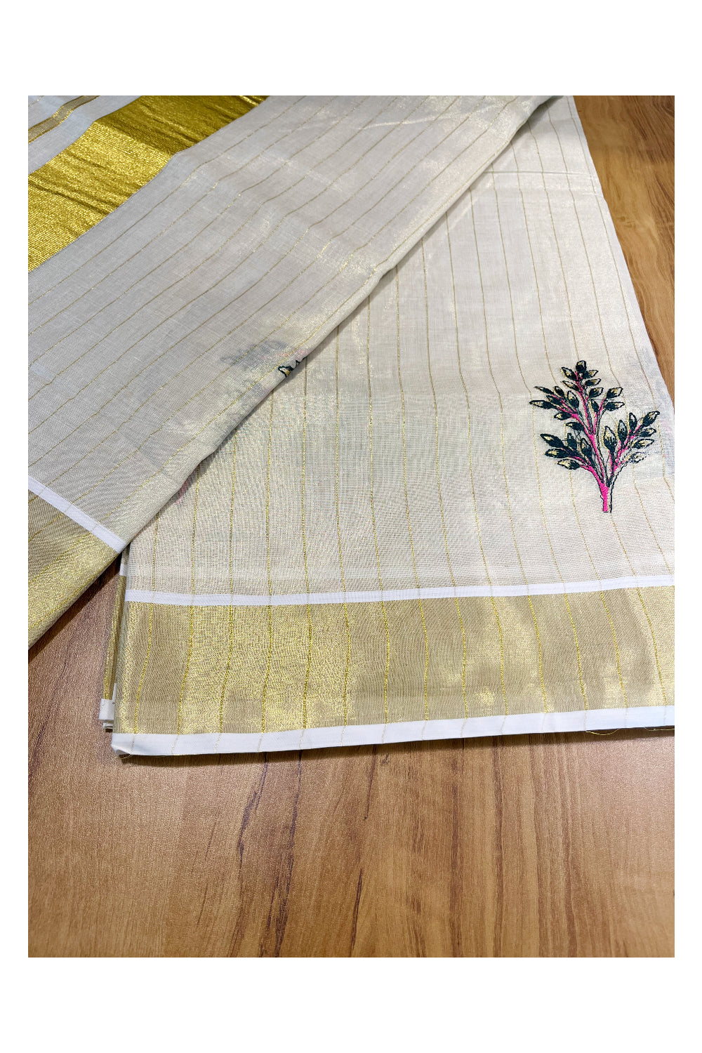 Kerala Tissue Kasavu Lines Saree with Green and Pink Floral Embroidery Works