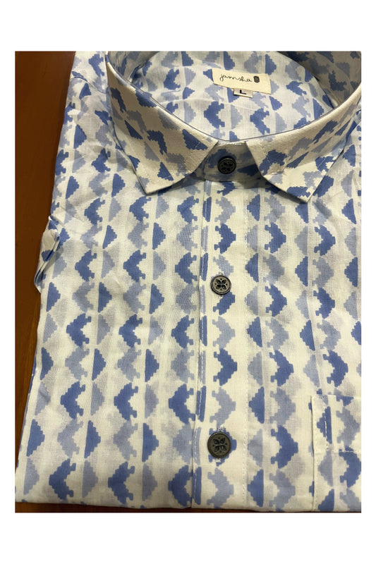 Southloom Jaipur Cotton Blue White Hand Block Printed Shirt (Half Sleeves)