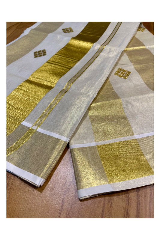 Kerala Tissue Kasavu Stripes Saree with Golden Embroidery Designs on Body and Pallu