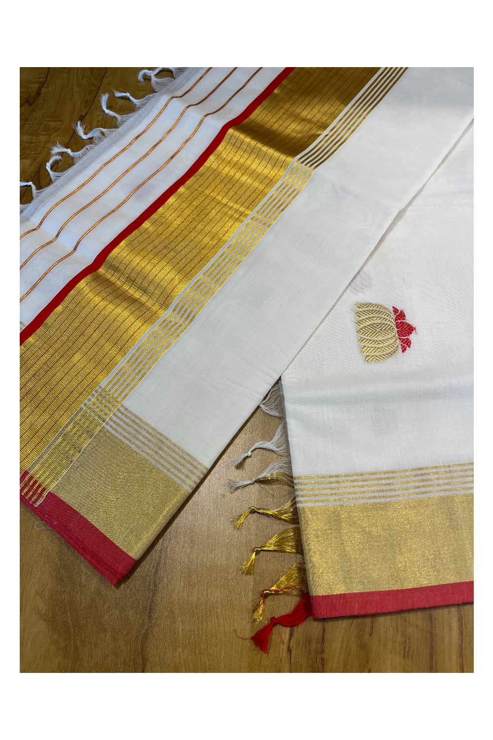 Southloom™ Premium Handloom Cotton Kasavu Saree with Handwoven Gold and Red Lotus Designs