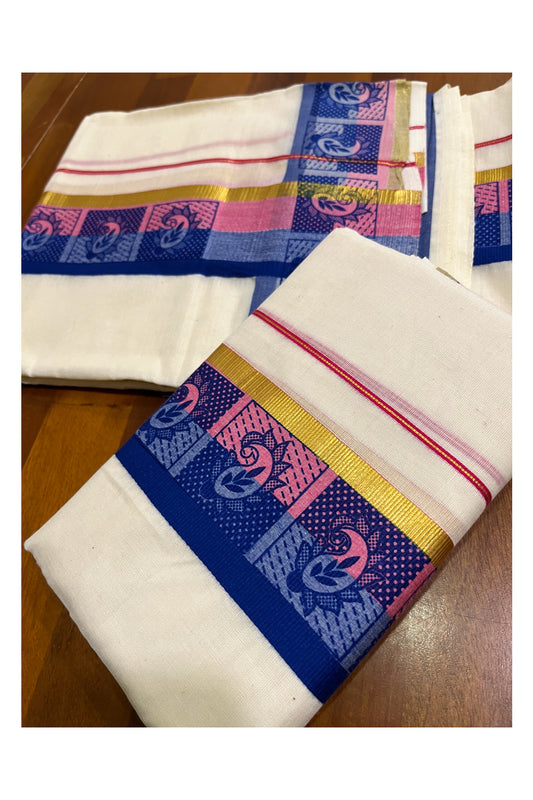 Kerala Cotton Kasavu Single Set Mundu (Mundum Neriyathum) with Pink and Blue Kara and Block Prints