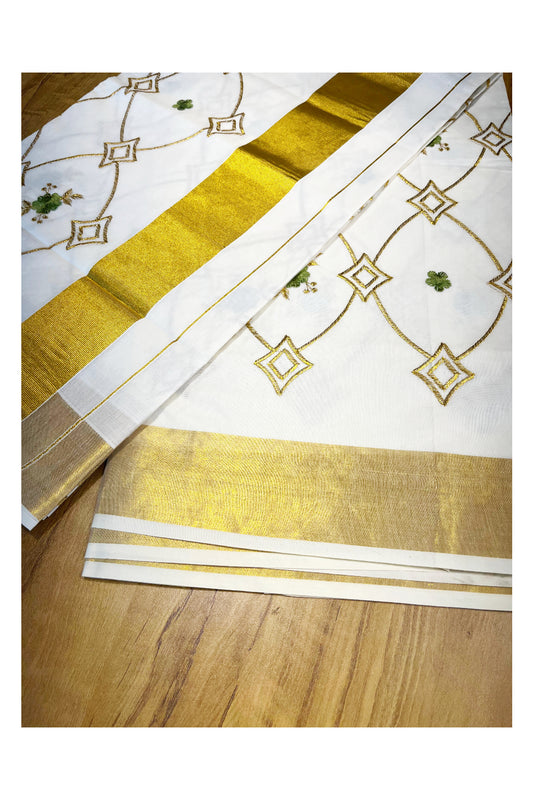 Southloom Kerala Cotton Kasavu Saree with Green and Golden Floral Embroidery Designs