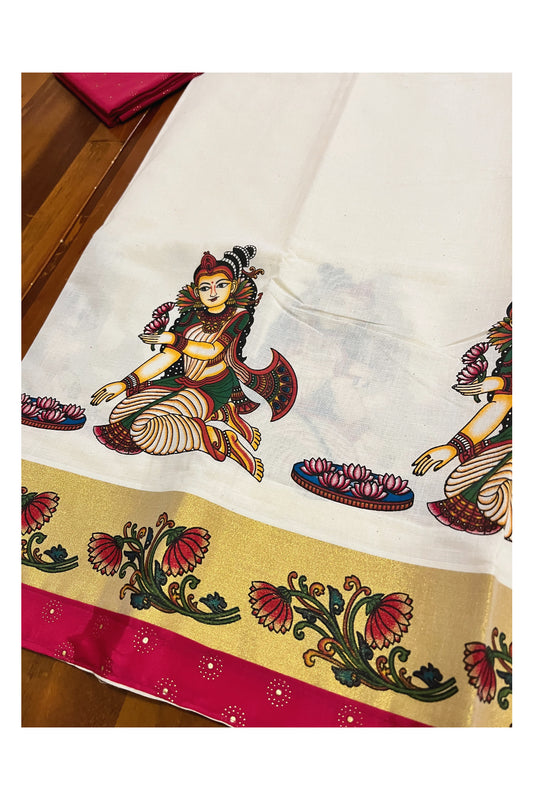 Kerala Cotton Mural Printed Pavada and Red Designer Blouse Material for Kids/Girls 4.3 Meters