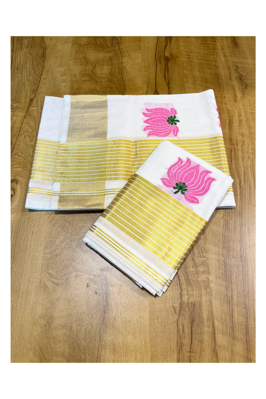 Southloom Handloom Premium Cotton Set Mundu With Kasavu Lines Pink Lotus Woven Patterns On Border (Mundum Neriyathum) 2.80 Mtrs