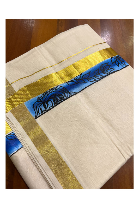 Kerala Pure Cotton Double Mundu with Hand Painted Designs on Kasavu Border(South Indian Kerala Dhoti)