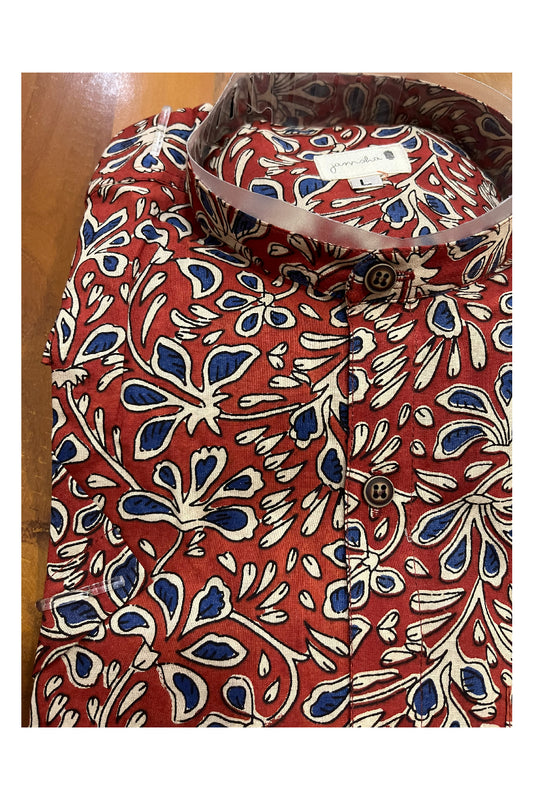 Southloom Jaipur Cotton Maroon Blue Floral Hand Block Printed Shirt (Half Sleeves)