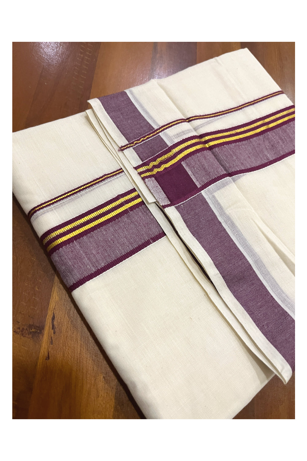 Pure Cotton Kerala Double Mundu with Kasavu and Maroon Kara (South Indian Kerala Dhoti)