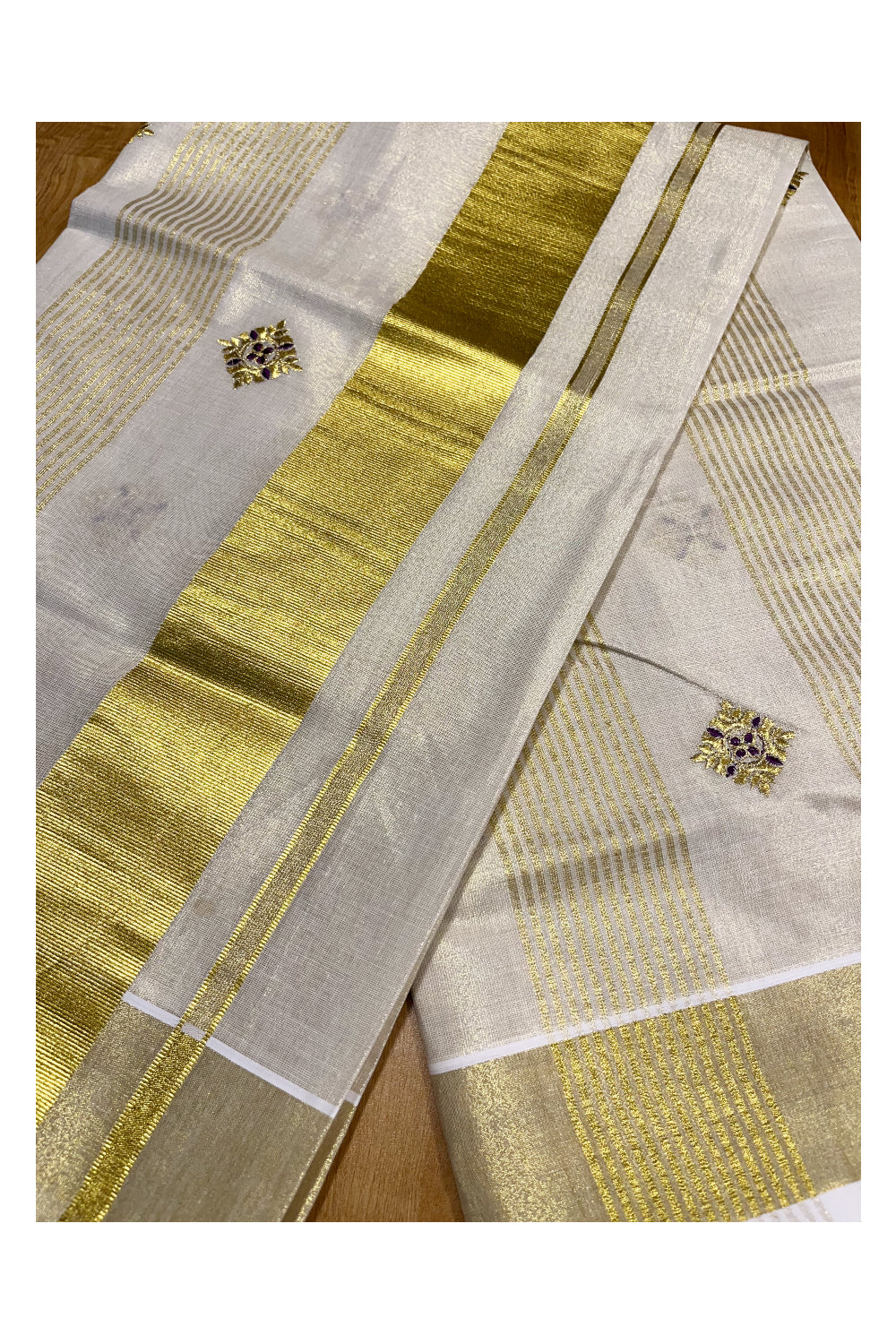 Kerala Tissue Kasavu Stripes Saree with Violet Floral Embroidery Design on Body