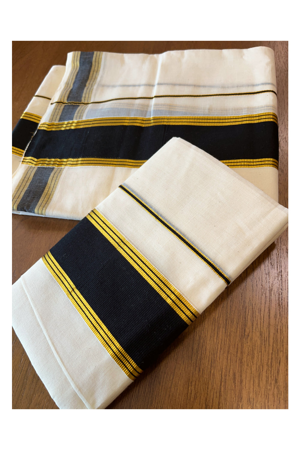 Cotton Mundum Neriyathum Double (Set Mundu) with Black and Kasavu Border 2.80 Mtrs