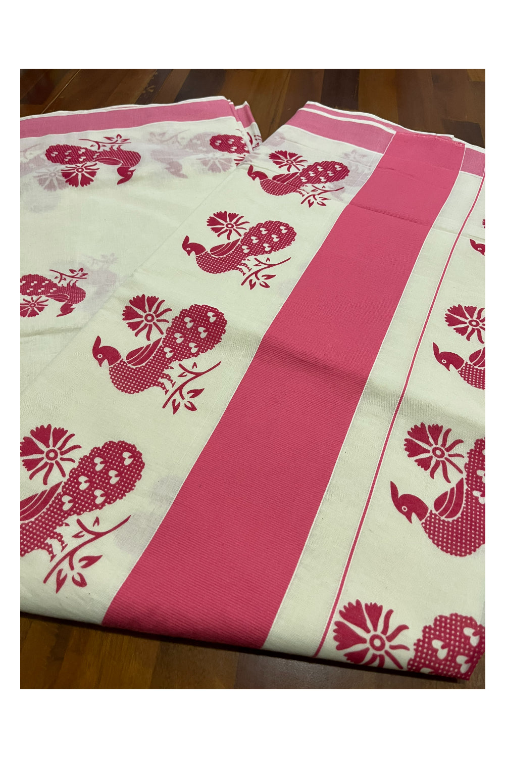 Pure Cotton Kerala Saree with Pink Peacock Block Printed Border (Onam Saree 2023)