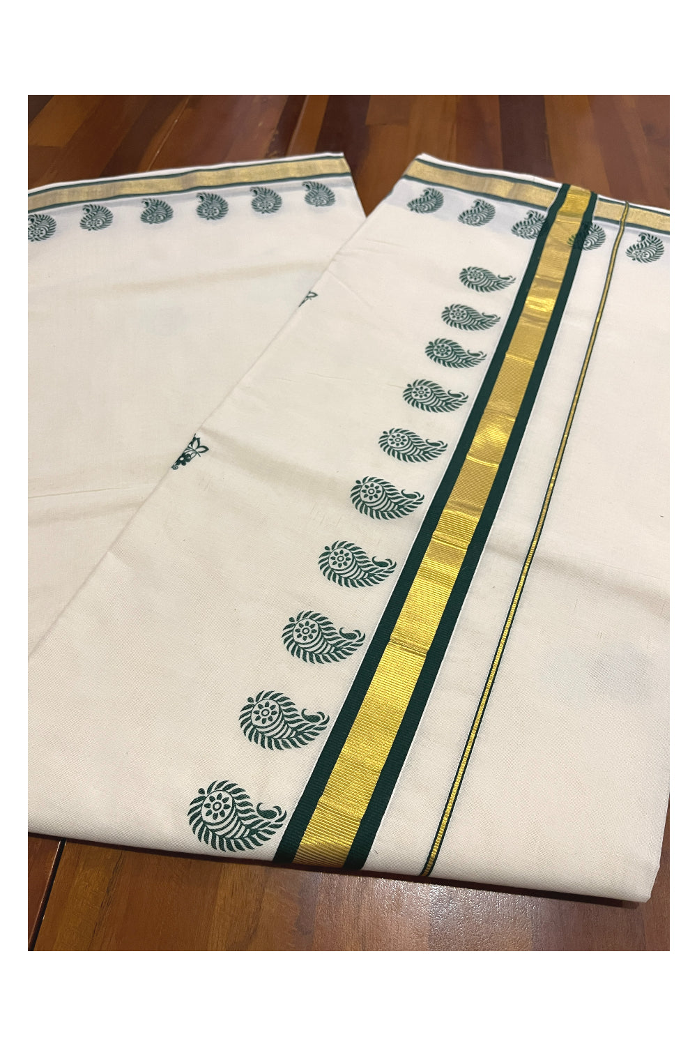 Pure Cotton Kerala Kasavu Saree with Green Floral Block Printed Design