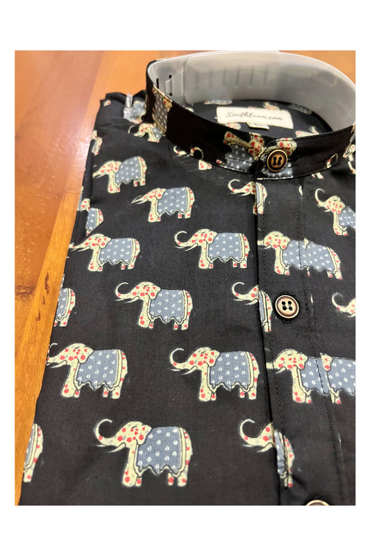 Southloom Jaipur Cotton Elephant Hand Block Printed Mandarin Collar Shirt (Full Sleeves)