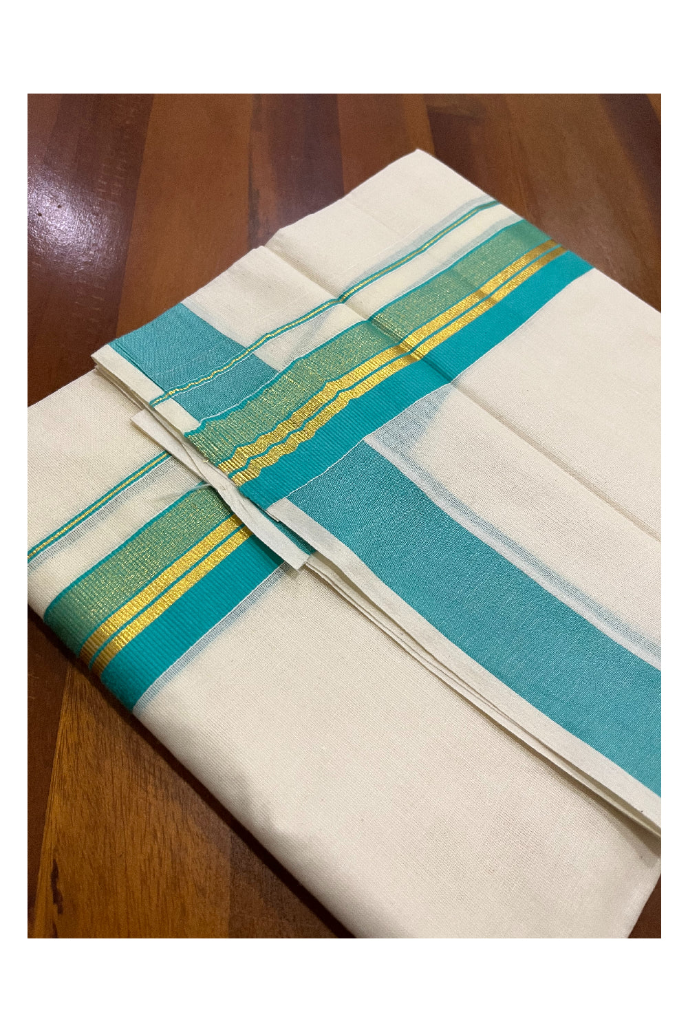 Pure Cotton Kerala Double Mundu with Turquoise and Kasavu Kara (South Indian Kerala Dhoti)