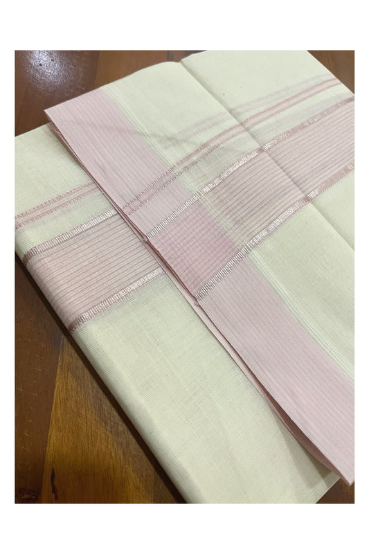 Pure Cotton 100x100 Double Mundu with Pink and Silver Kasavu Kara (Onam Mundu 2023)