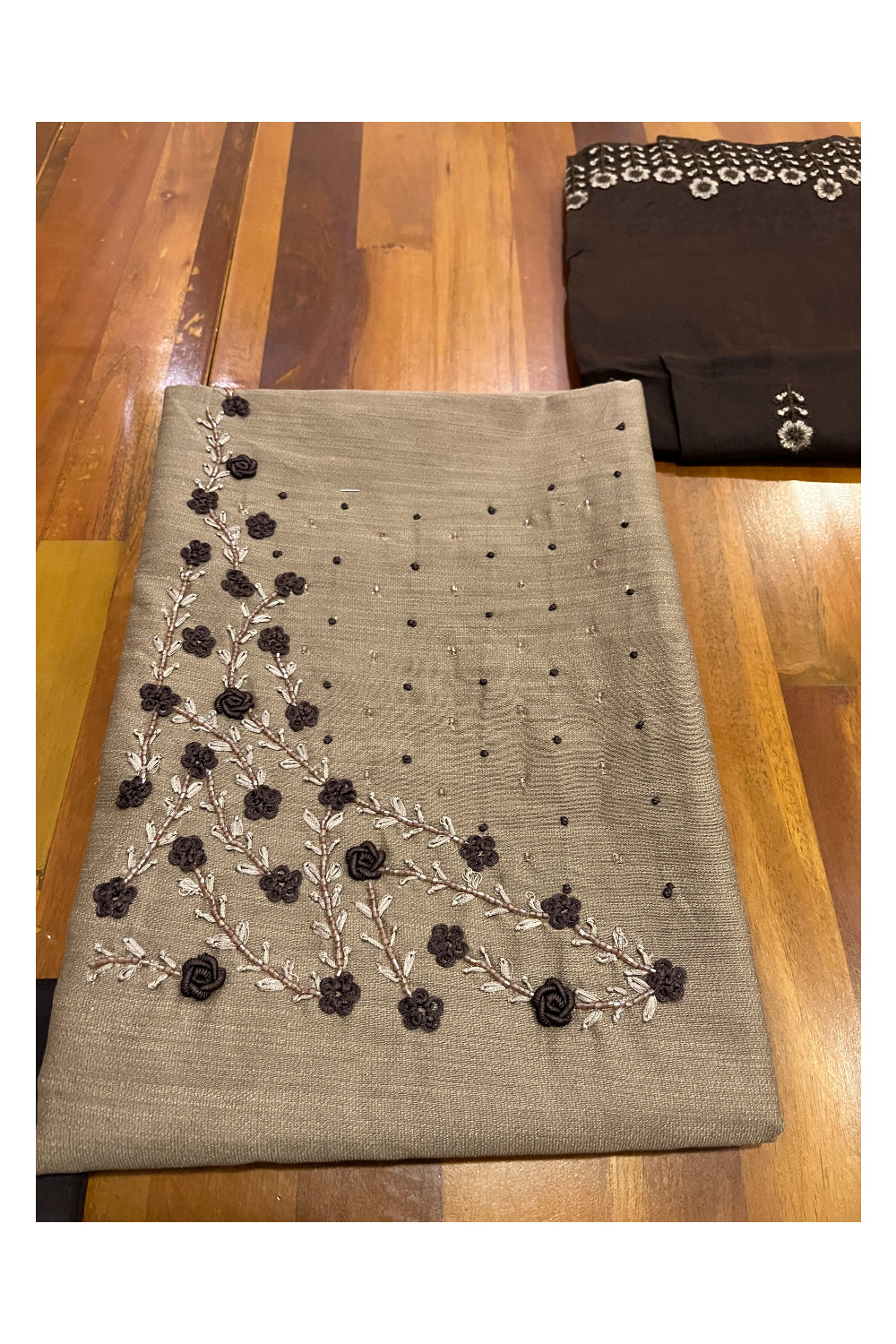 Southloom™ Semi Tussar Churidar Salwar Suit Material in Brown with Bead Works