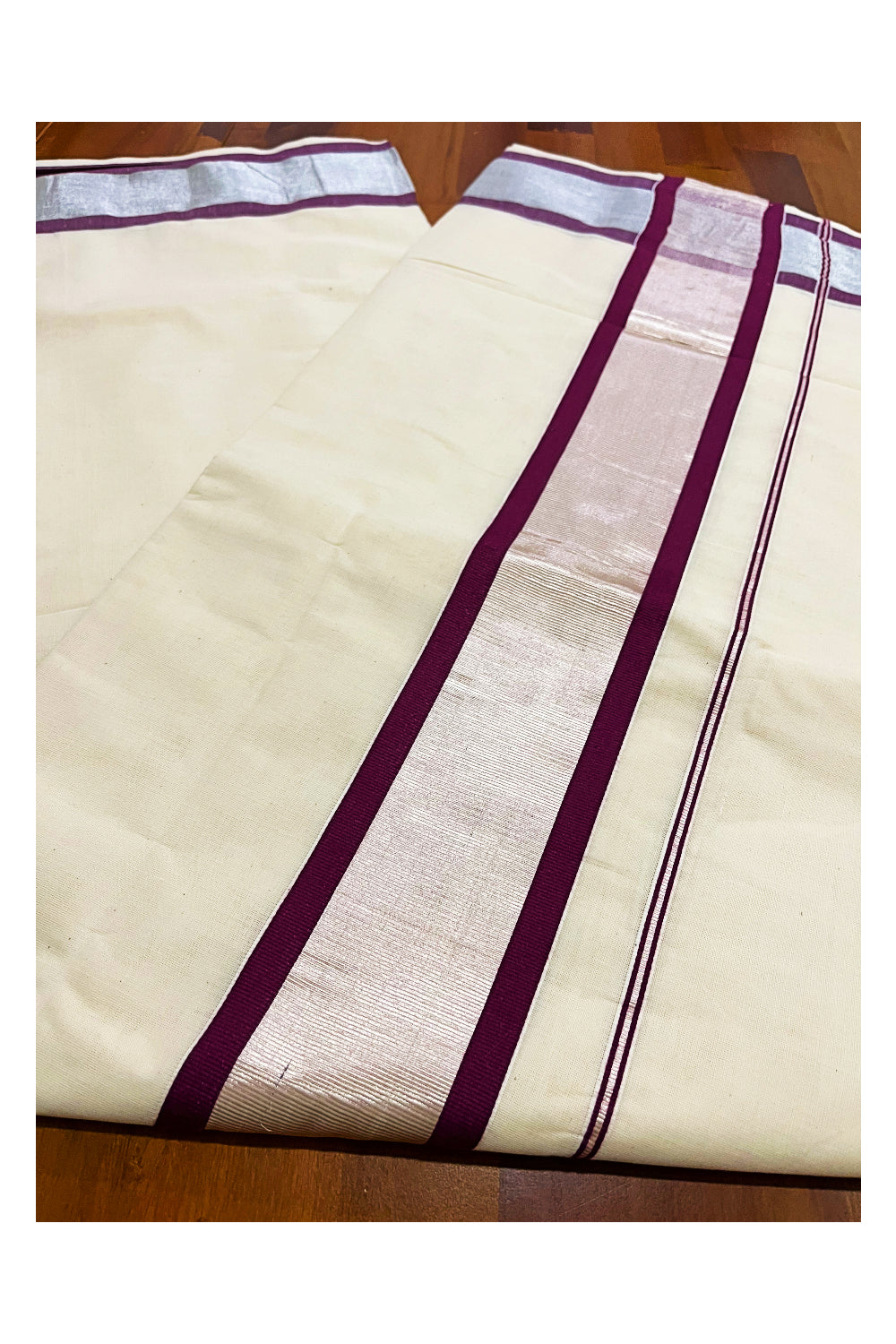 Pure Cotton Kerala Saree with Silver Kasavu and Purple Border