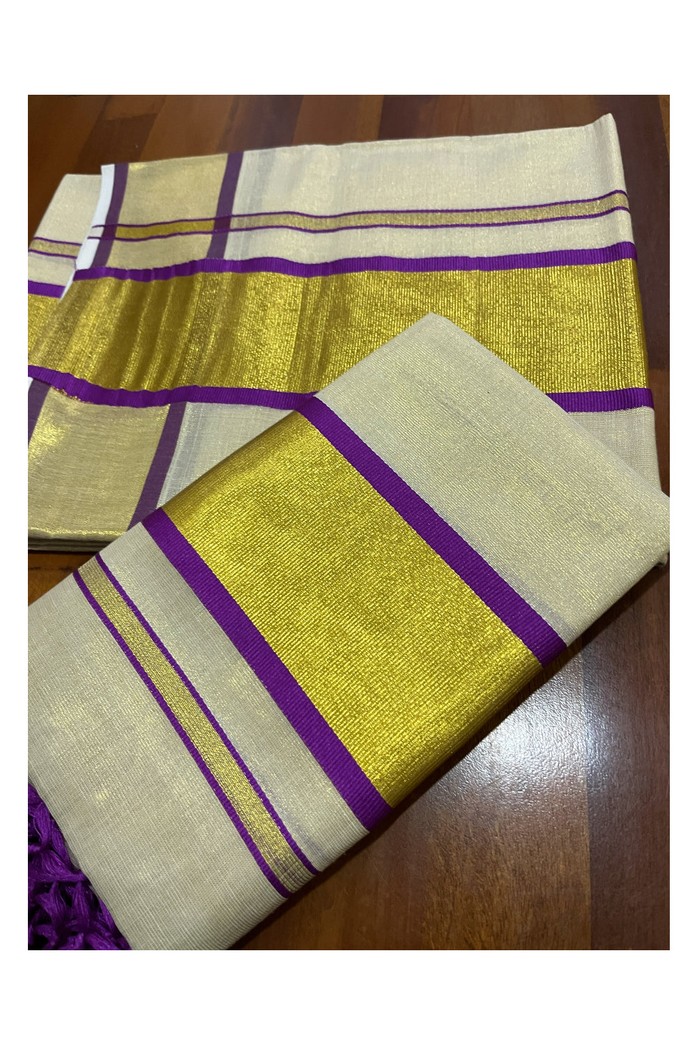Kerala Tissue Kasavu Set Mundu with Kasavu and Purple Border (Mundum Neriyathum)